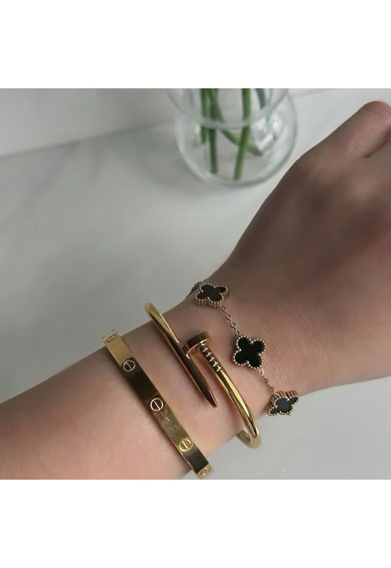 ElectraStore Комплект 3 гривни неръждаема стомана с златно покритие - Alhambra Black 18x4см - LOVE 6.1см - CUI регулируема