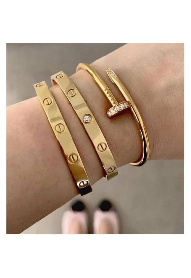 ElectraStore Комплект гривни LOVE и CUI - неръждаема стомана с 14K златно покритие - кристали цирконий - 6.1мм x 6.5мм