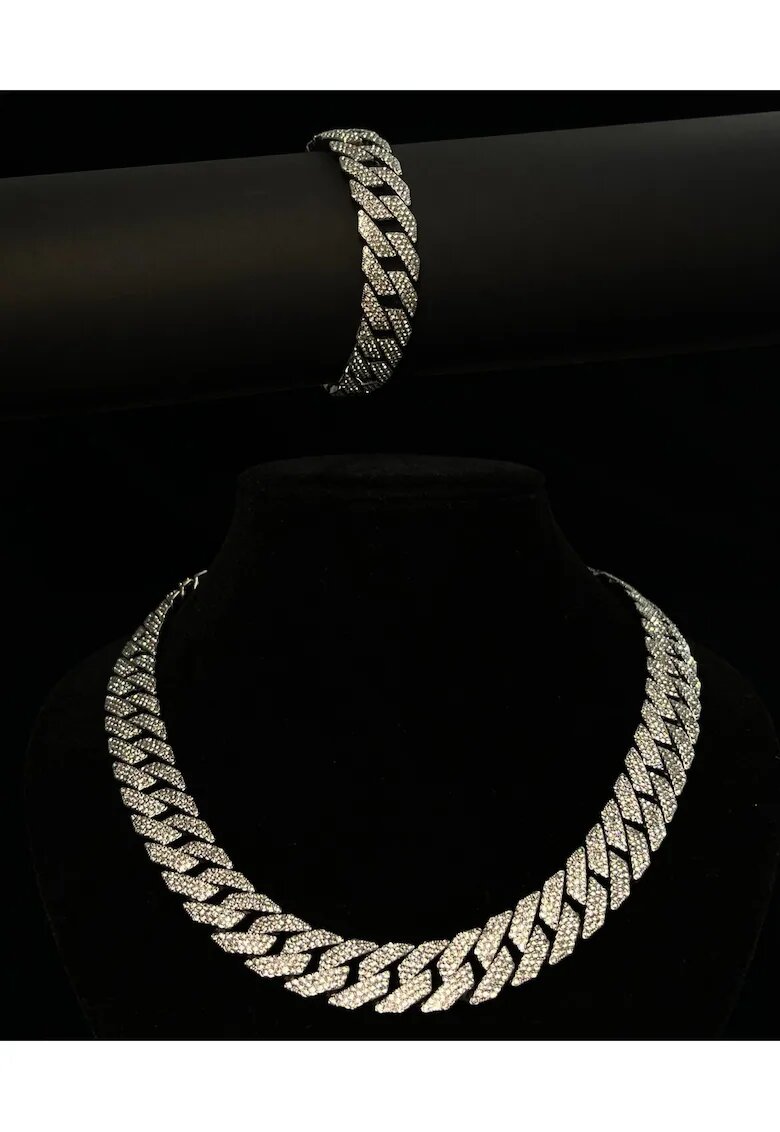 ElectraStore Комплект колие и гривна Cuban Diamond - 14K бяло злато - размери 50x20cm - кристали цирконий
