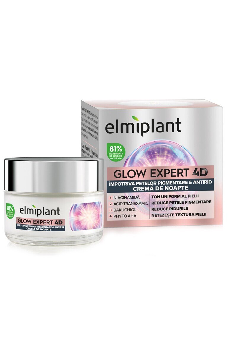Elmiplant Нощен крем Glow Expert 4D Против пигментни петна Против бръчки С ниацинамид и бакучиол 50 мл