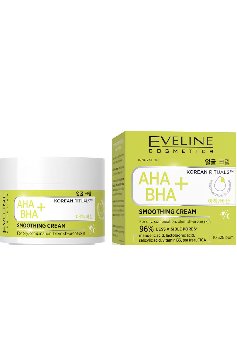 Eveline Cosmetics Изглаждащ крем AHA+BHA Korean Rituals с бадемова киселина салицилова киселина и ниацинамид за мазна комбинирана и проблемна кожа 50 мл
