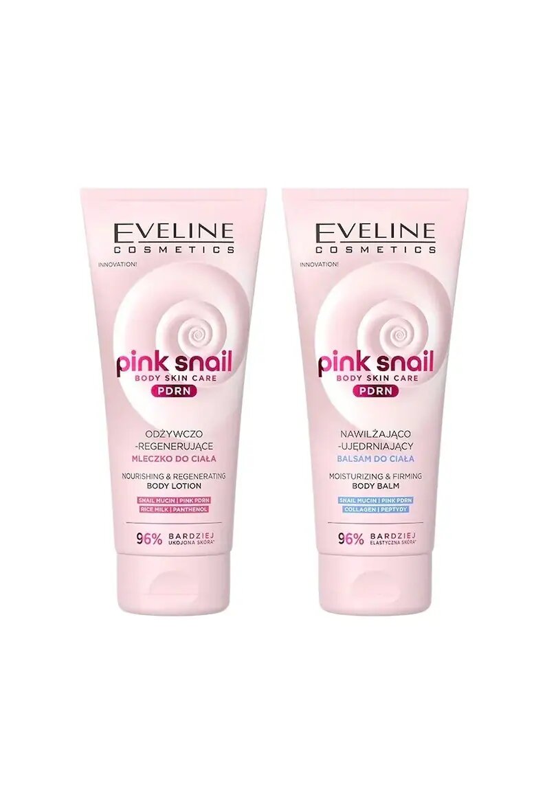 Eveline Cosmetics Pink Snail PDRN – Подхранващ лосион за тяло 200 мл и Хидратиращ и стягащ балсам за тяло 200 мл