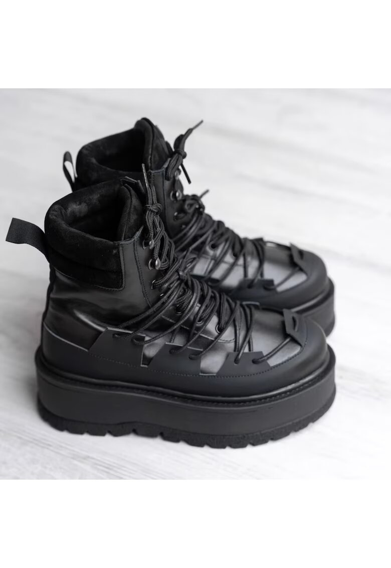 Exclusives Ghete din piele cu talpa wedge Heavy Duty - Negru
