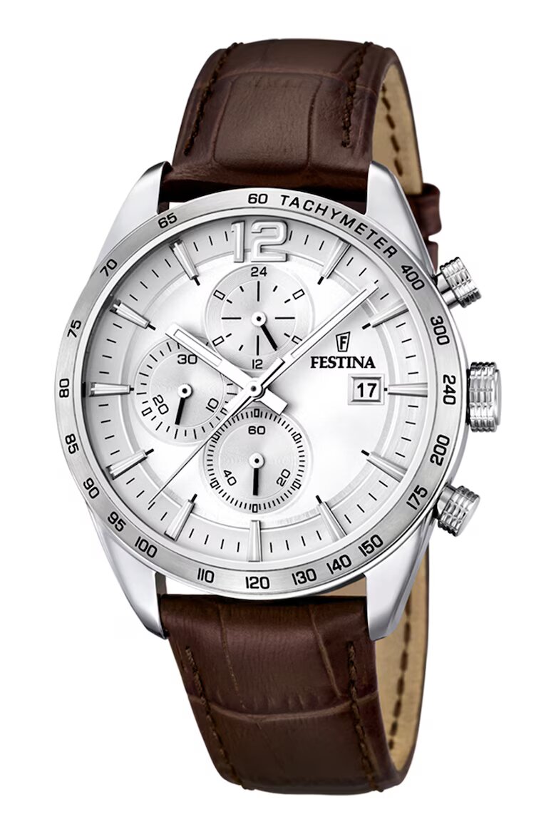 Festina Часовник с хронограф и кожена каишка Сребрист/Тъмнокафяв