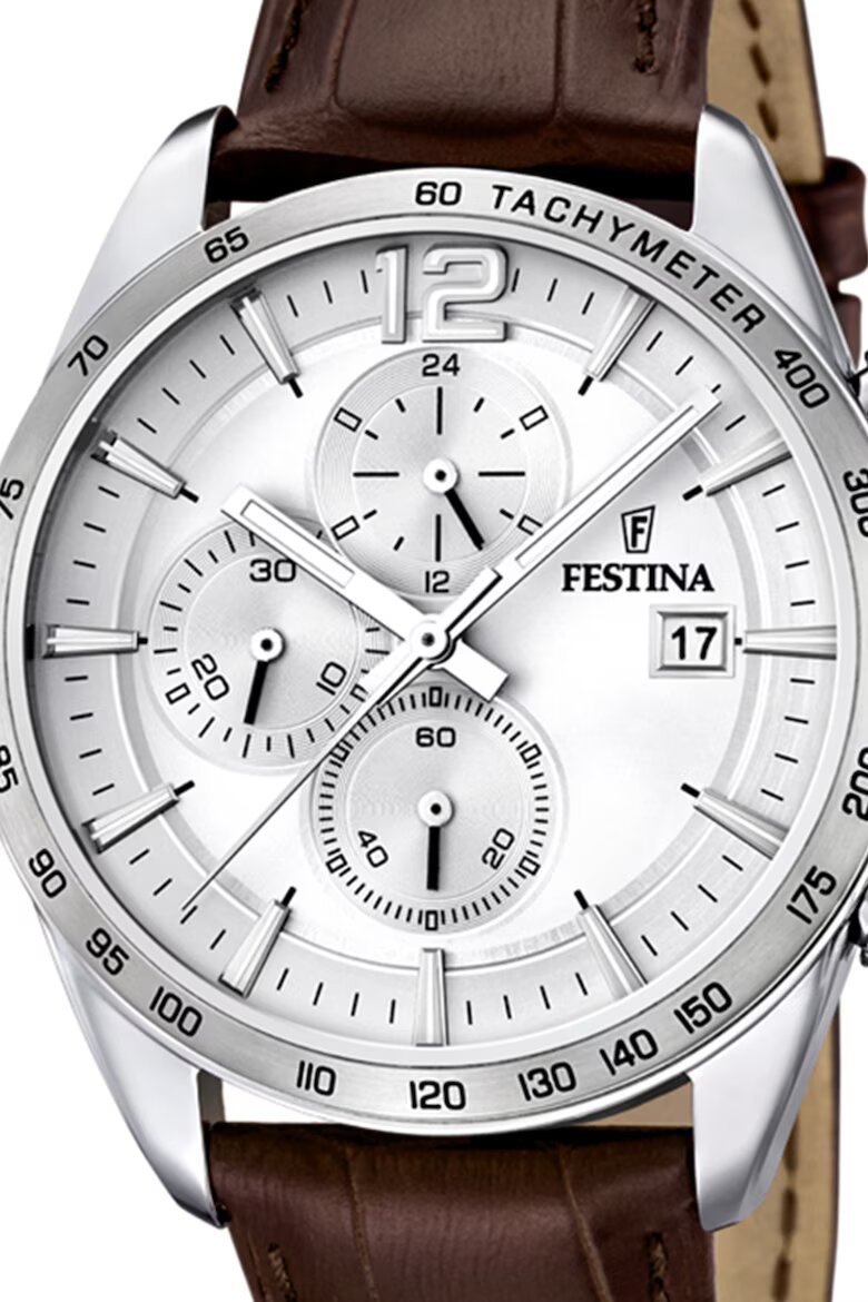 Festina Часовник с хронограф и кожена каишка Сребрист/Тъмнокафяв