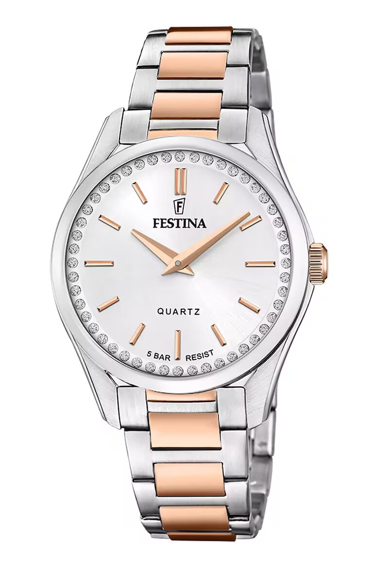 Festina Двуцветен часовник с циркони Rose Gold/Сребрист