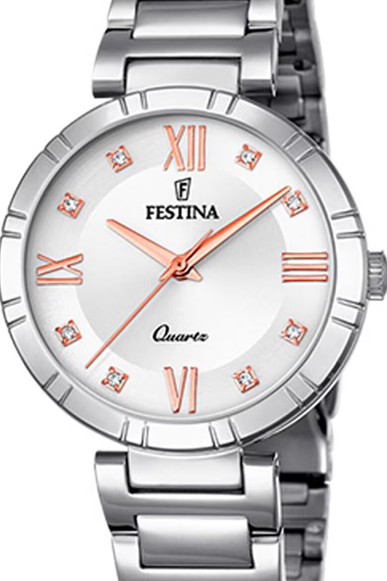 Festina Кръгъл часовник декориран с цирконий Сребрист/Розово злато/Бял Сребрист