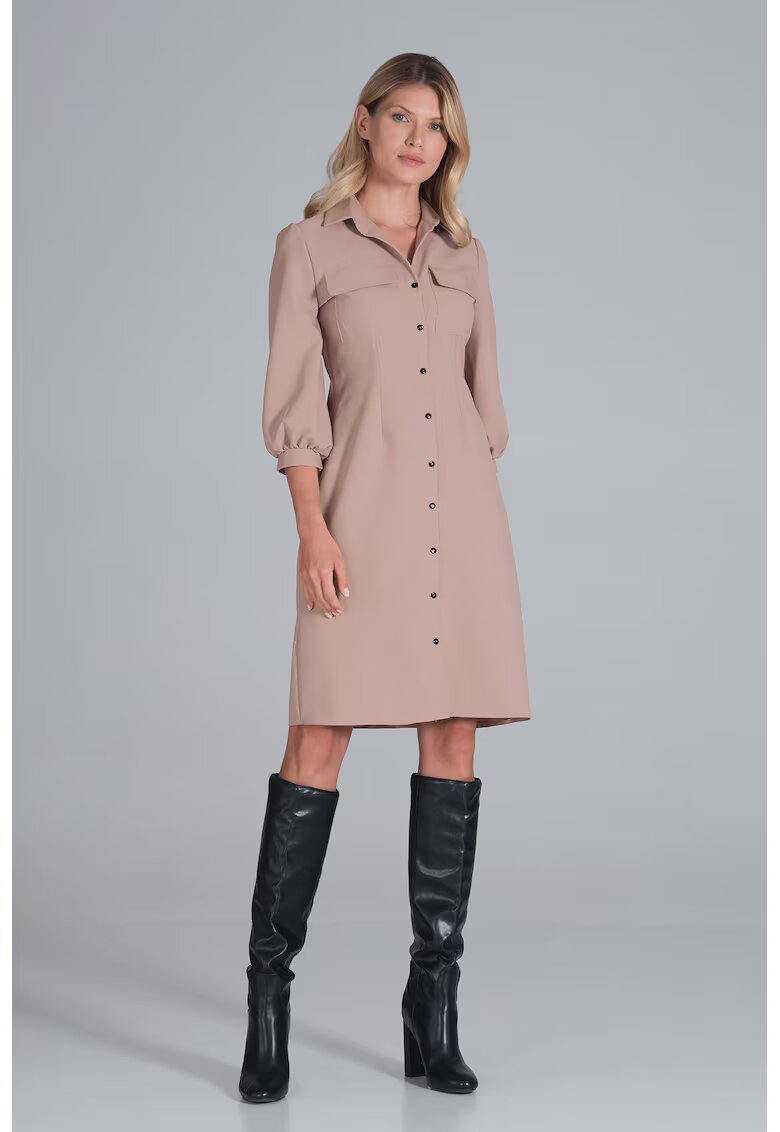 Figl Рокля - риза - буф ръкави - бежово - полиестер