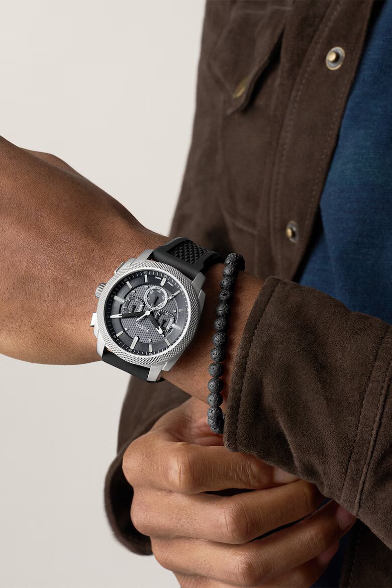 Fossil Часовник Machine с хронограф и силиконова каишка Черен