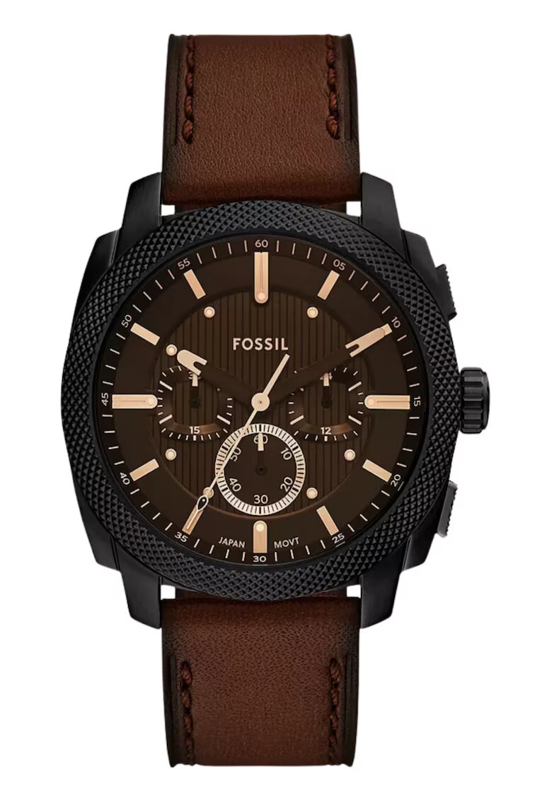 Fossil Мъжки часовник Machine Chronograph FS6101 - черен циферблат - кафява кожена каишка - 44x22mm