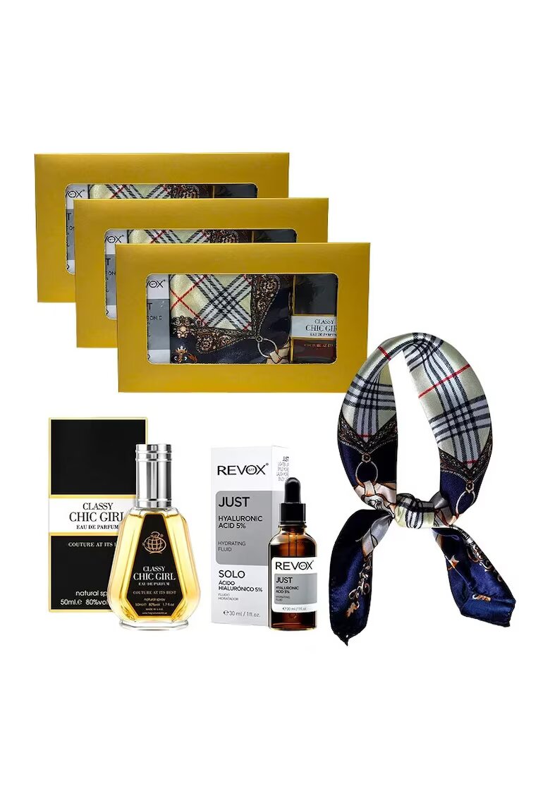 Fragrance World 3 x Комплект Elysa – Серум Revox Хиалуронова киселина 5% 30мл - Парфюм Classy Chic Girl 50мл - Шал