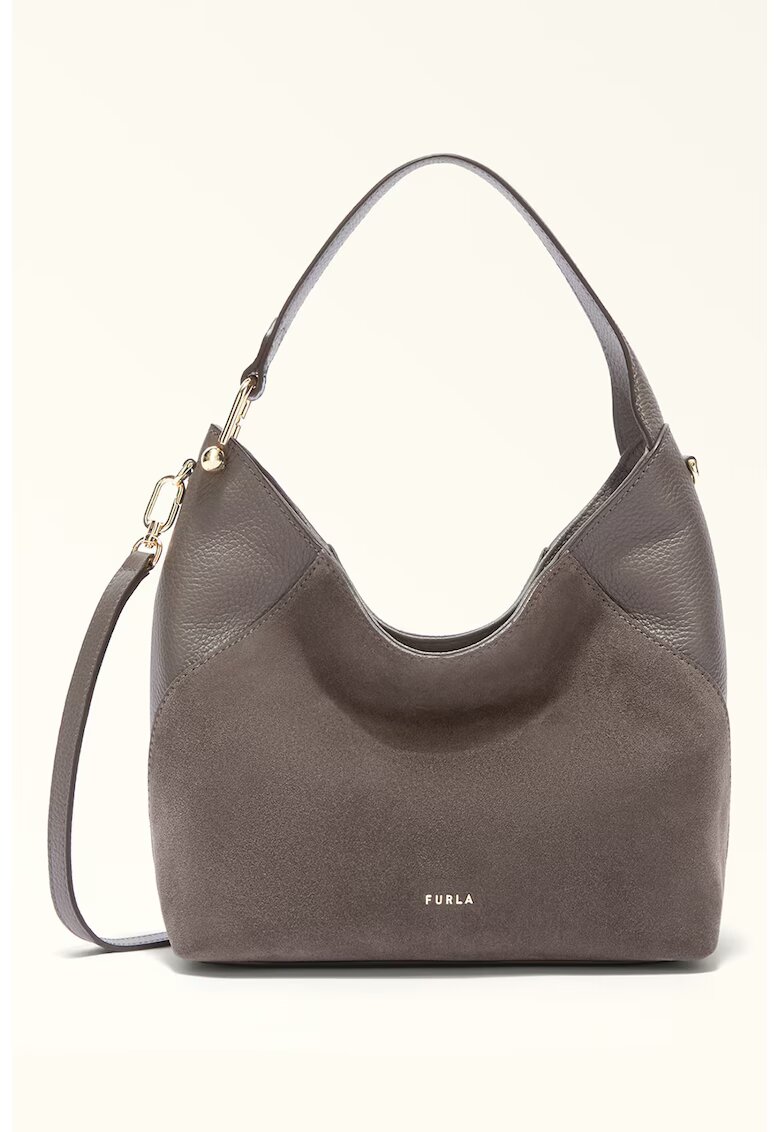 Furla Велурена чанта за рамо Lara с кожа - Сиво-кафяв