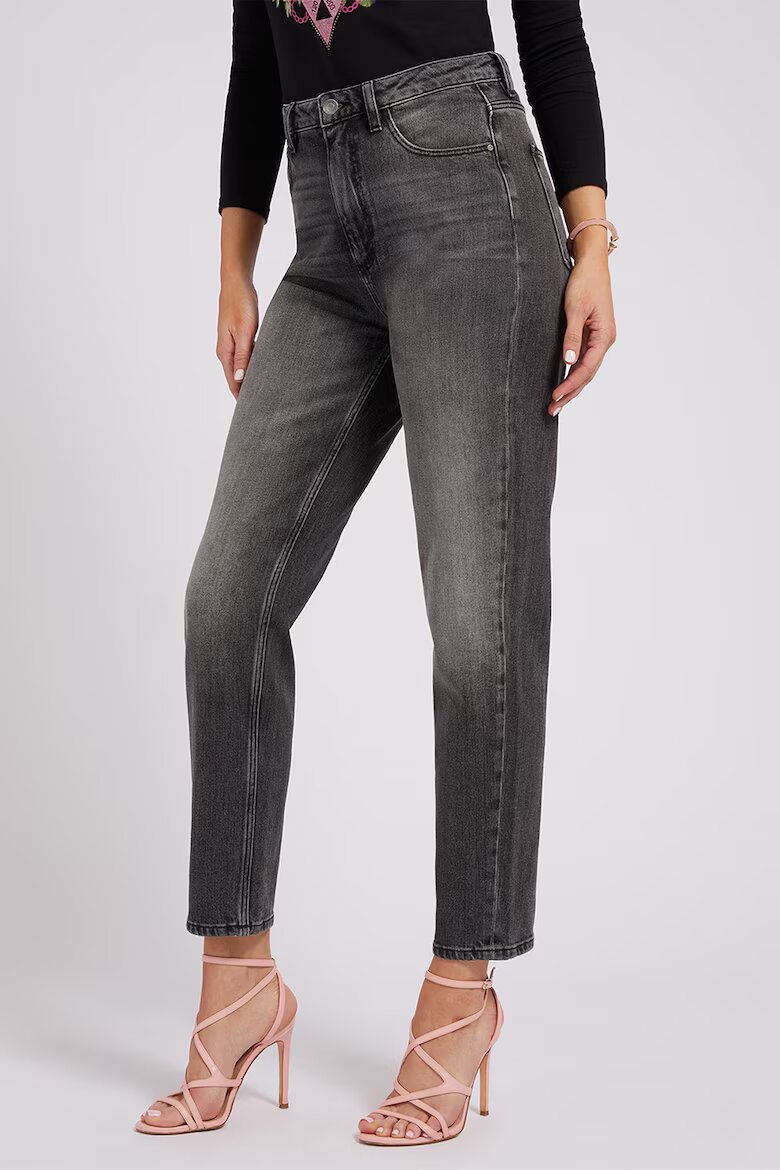 GUESS Дънки Mom-Fit със захабен ефект Антрацитно сиво