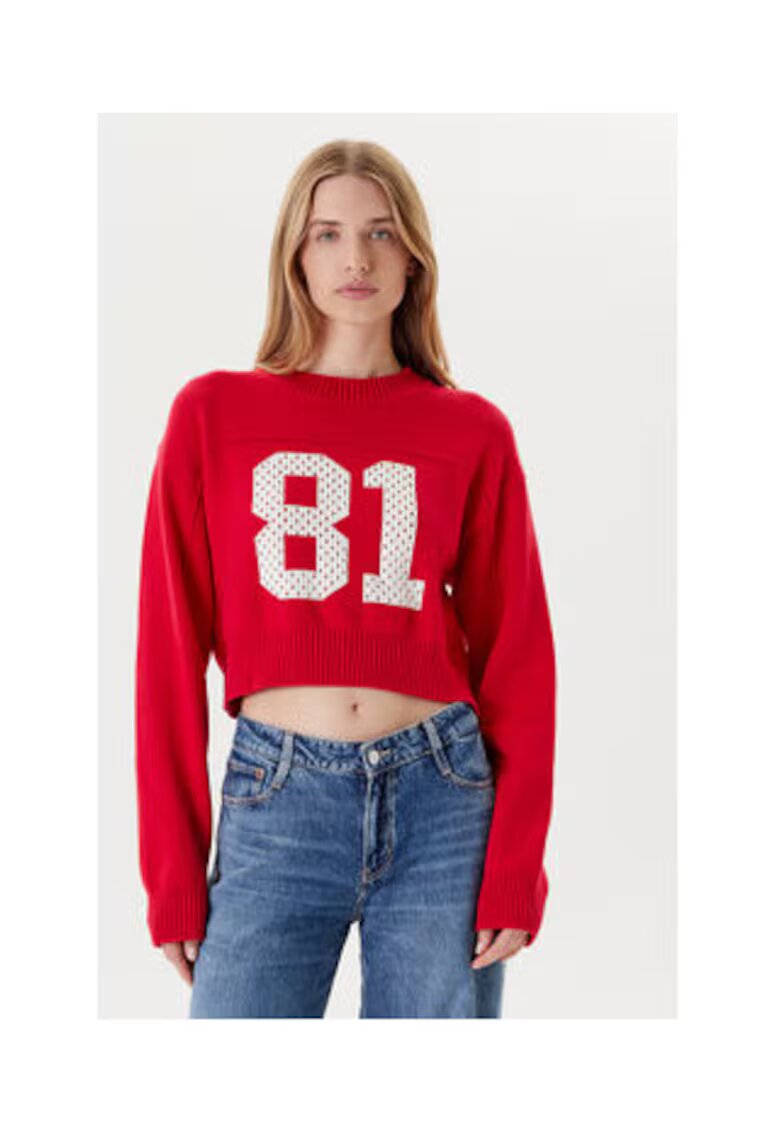 GUESS JEANS Памучен плетен пуловер с оребрени кантове - кръгло деколте и предна щампа