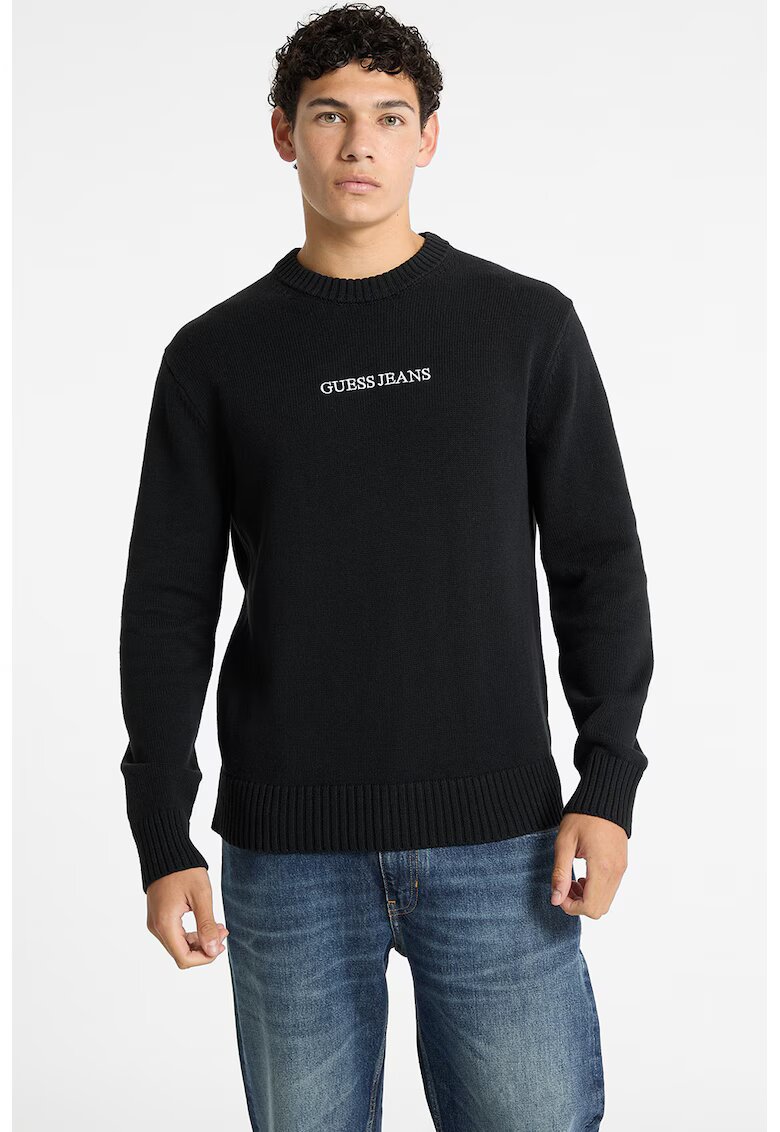 GUESS JEANS Памучен пуловер с бродирано лого - Черен
