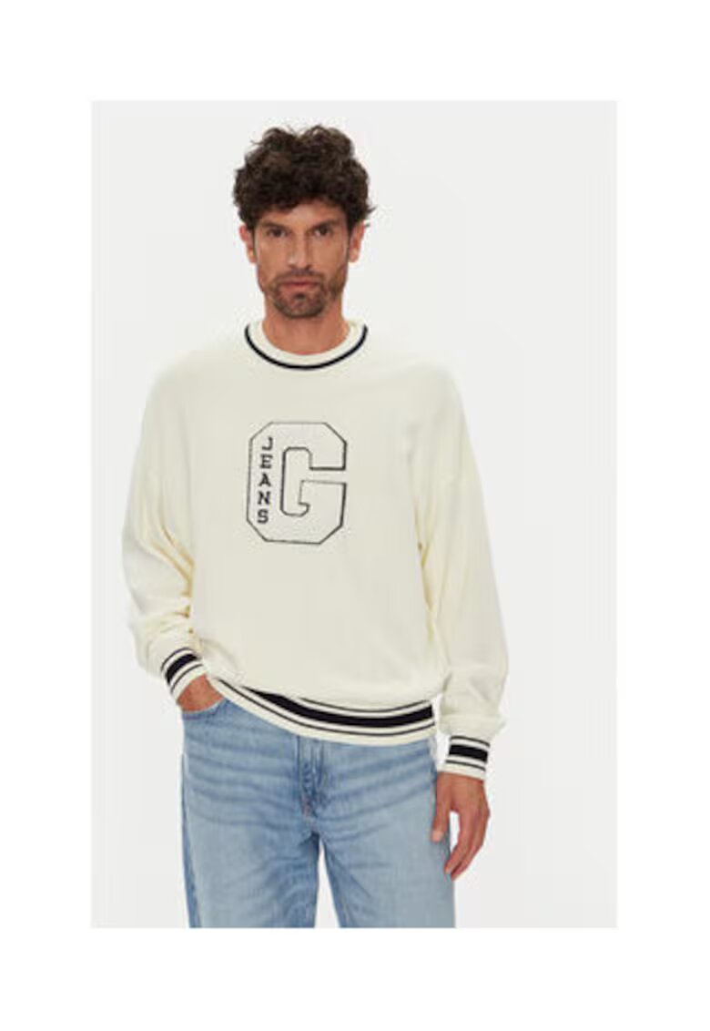 GUESS JEANS Памучен пуловер с кръгло деколте и цветни маншети