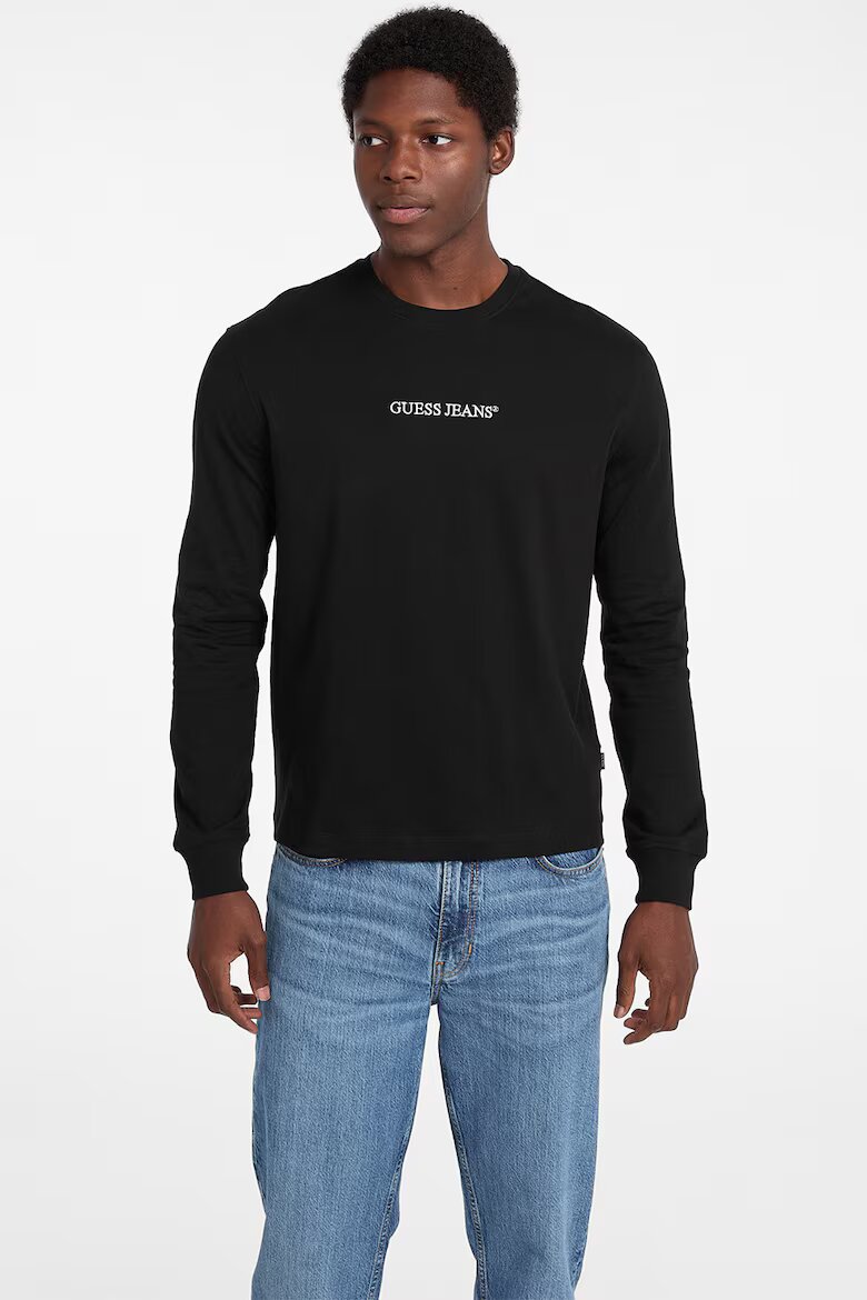 GUESS JEANS Памучна блуза с бродирано лого Черен