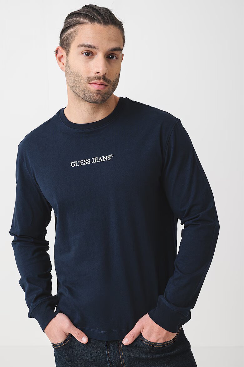 GUESS JEANS Памучна блуза с бродирано лого Тъмносин