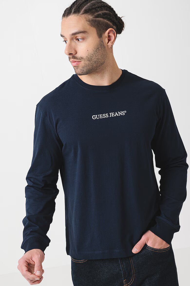 GUESS JEANS Памучна блуза с бродирано лого Тъмносин