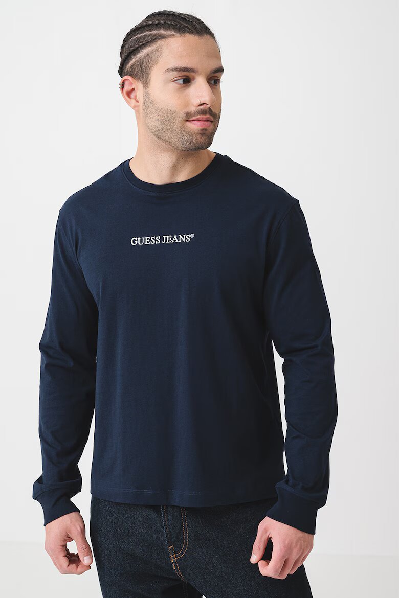 GUESS JEANS Памучна блуза с бродирано лого Тъмносин