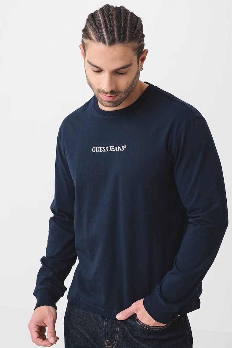 GUESS JEANS Памучна блуза с бродирано лого Тъмносин