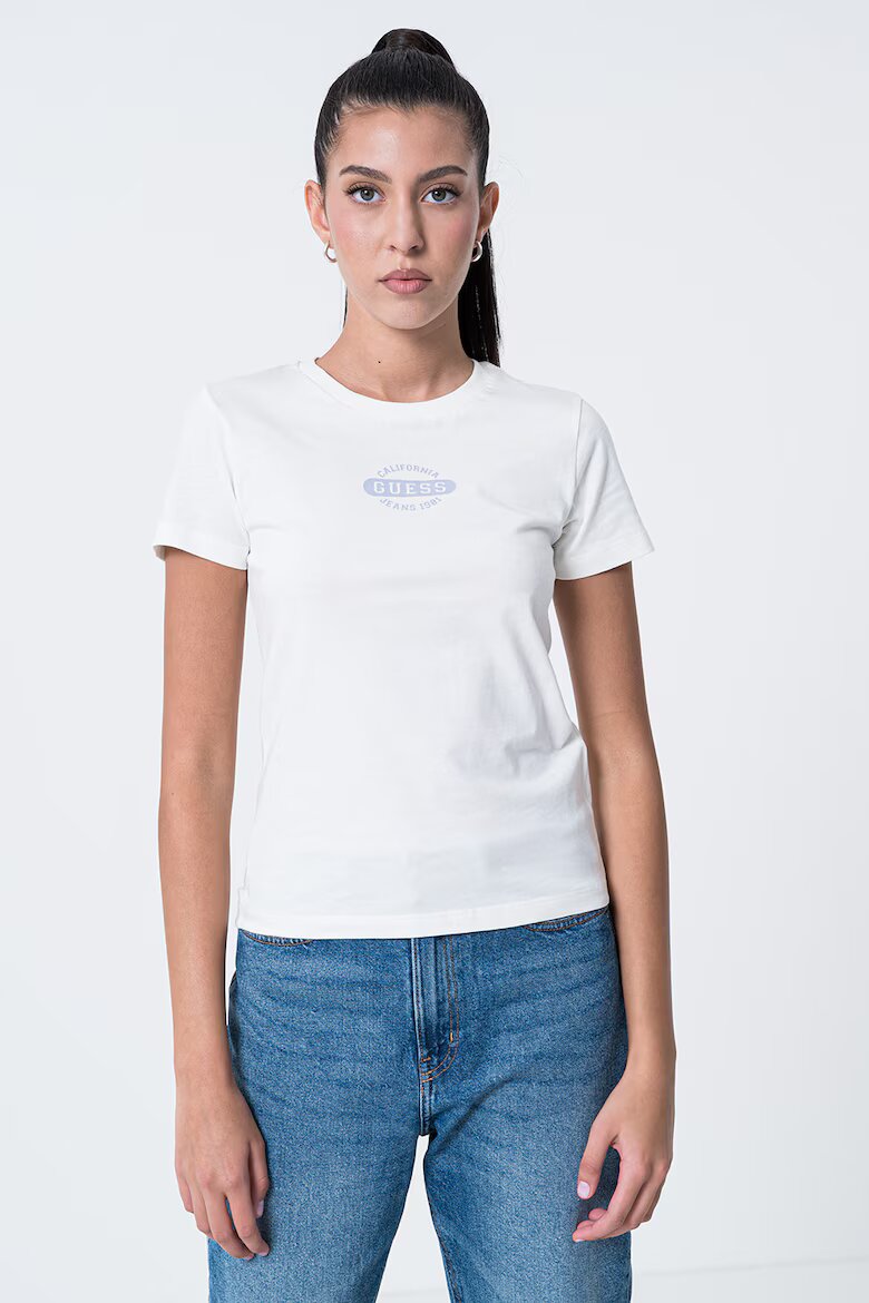 GUESS JEANS Памучна тениска с овално деколте Бял