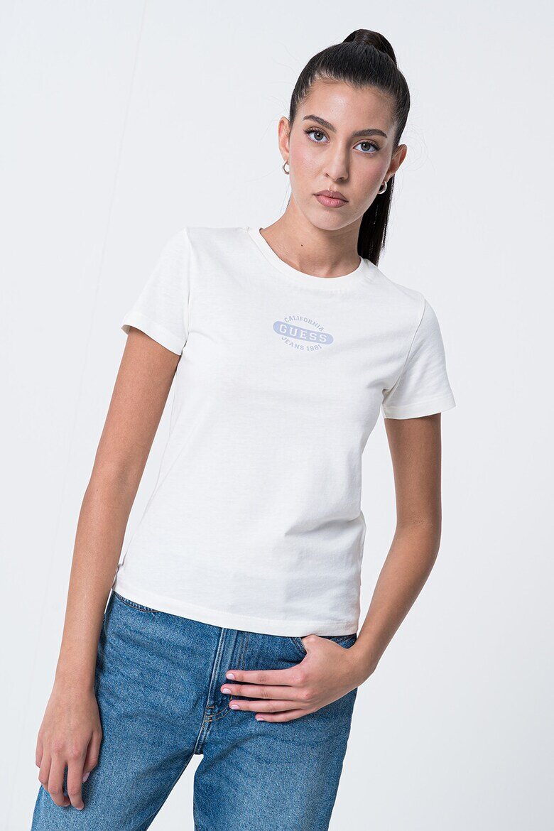GUESS JEANS Памучна тениска с овално деколте Бял
