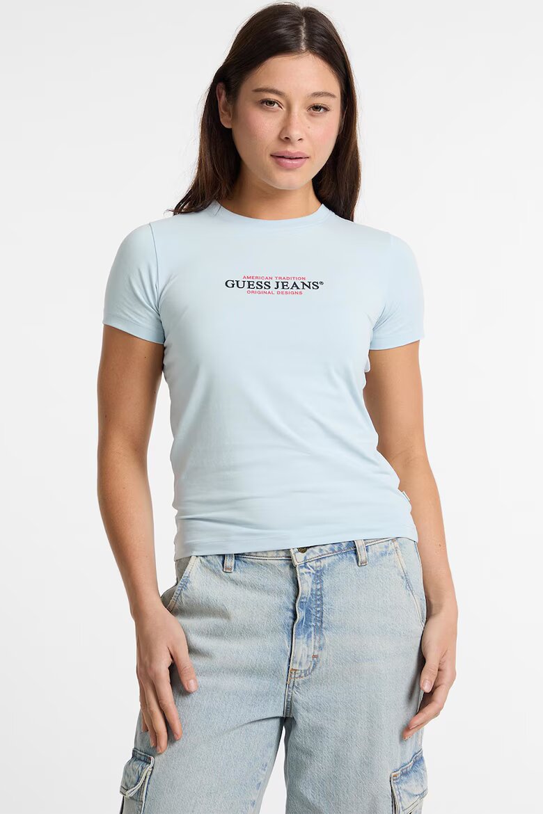 GUESS JEANS Слим тениска American Tradition Бледо синьо