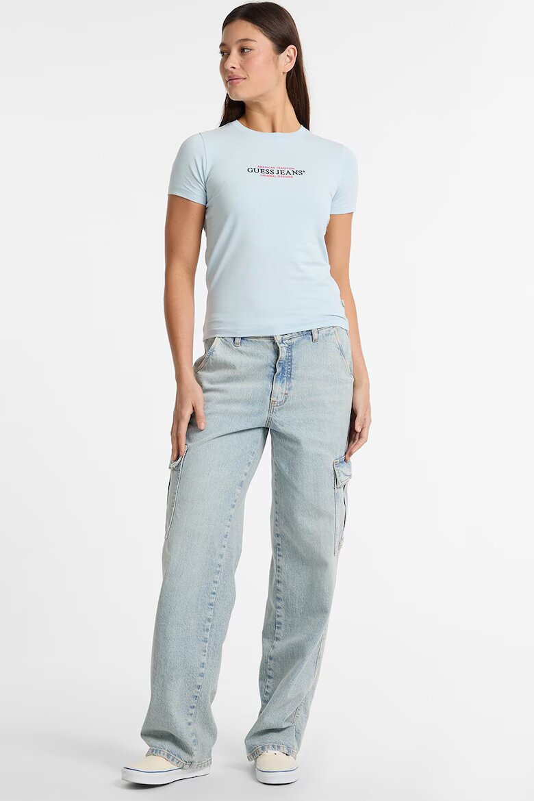 GUESS JEANS Слим тениска American Tradition Бледо синьо