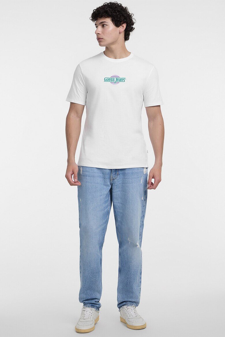GUESS JEANS Стандартна тениска с овално деколте Бял/Лилав/Персийско зелено