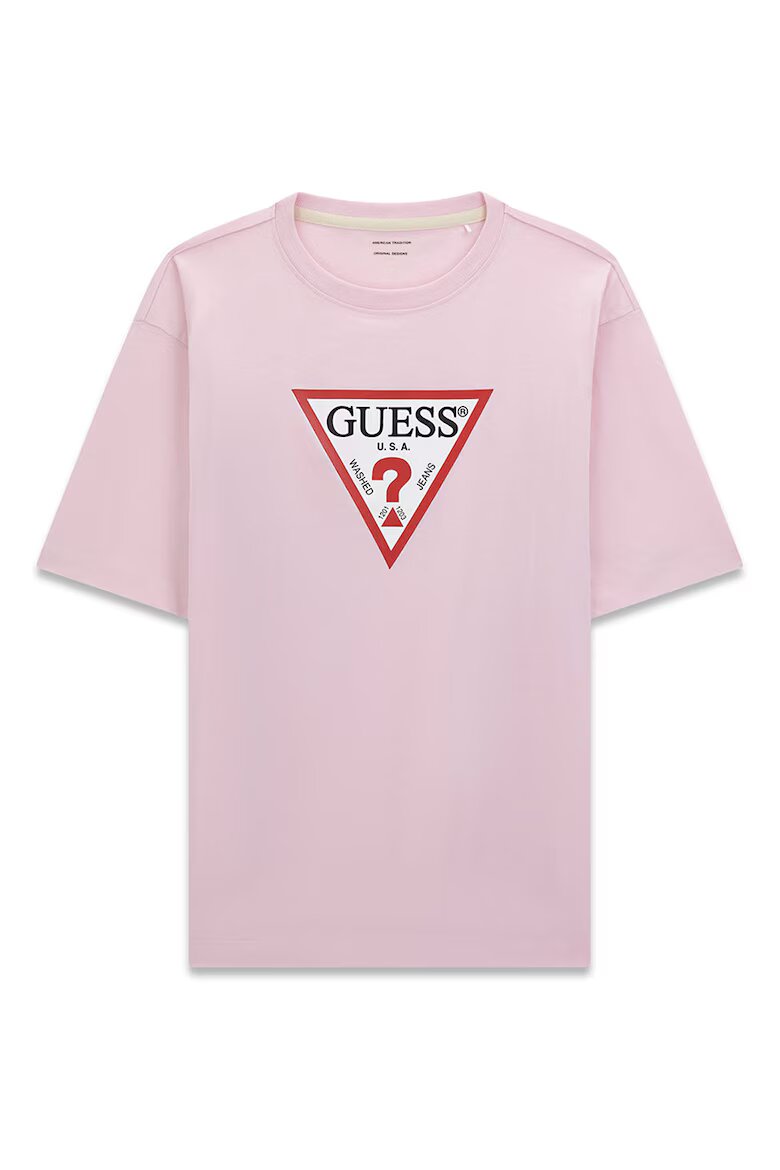GUESS JEANS Тениска с овално деколте Червен/Черен/Светлорозов