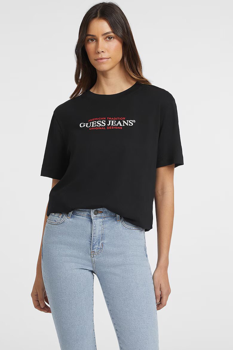 GUESS JEANS Тениска с овално деколте и лого Черен