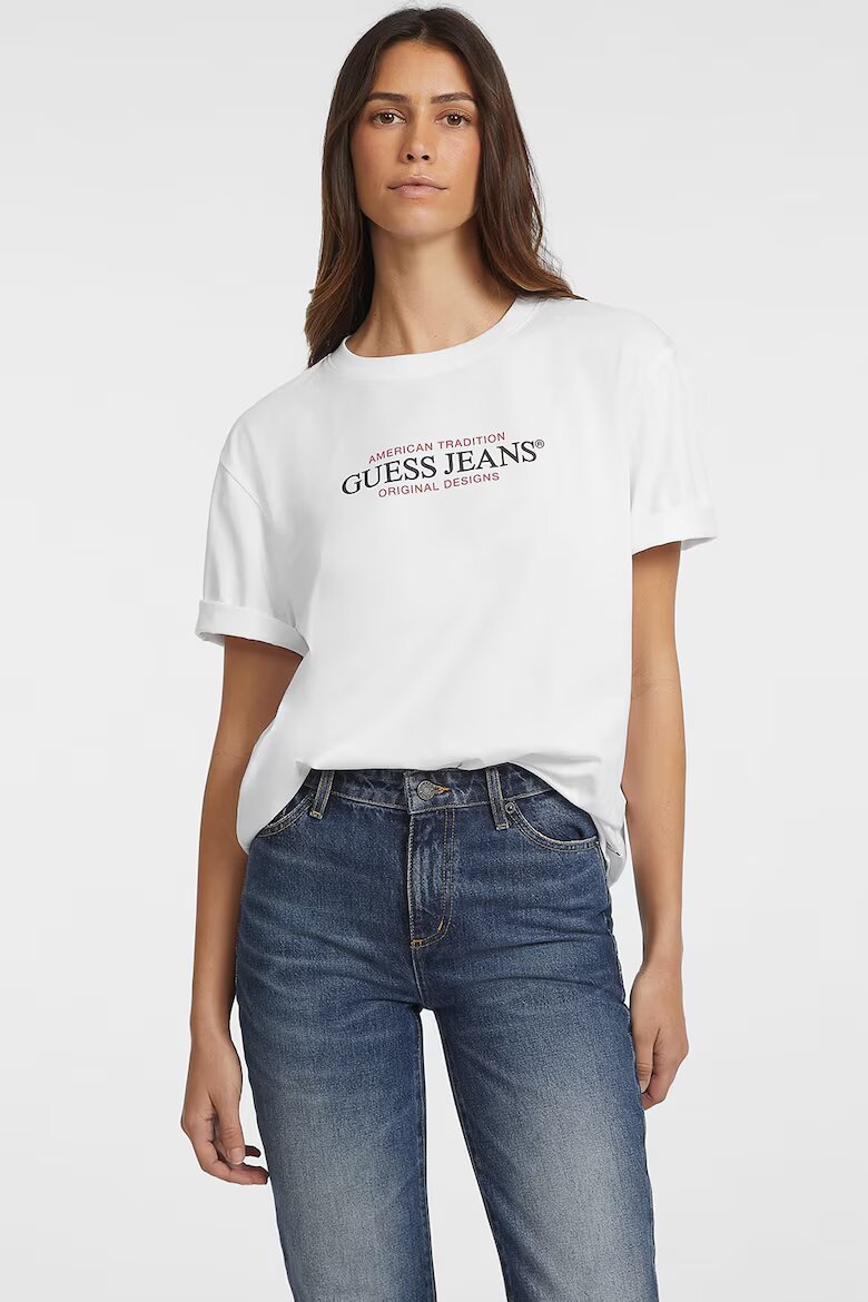 GUESS JEANS Тениска с овално деколте и лого Червен/Черен/Бял