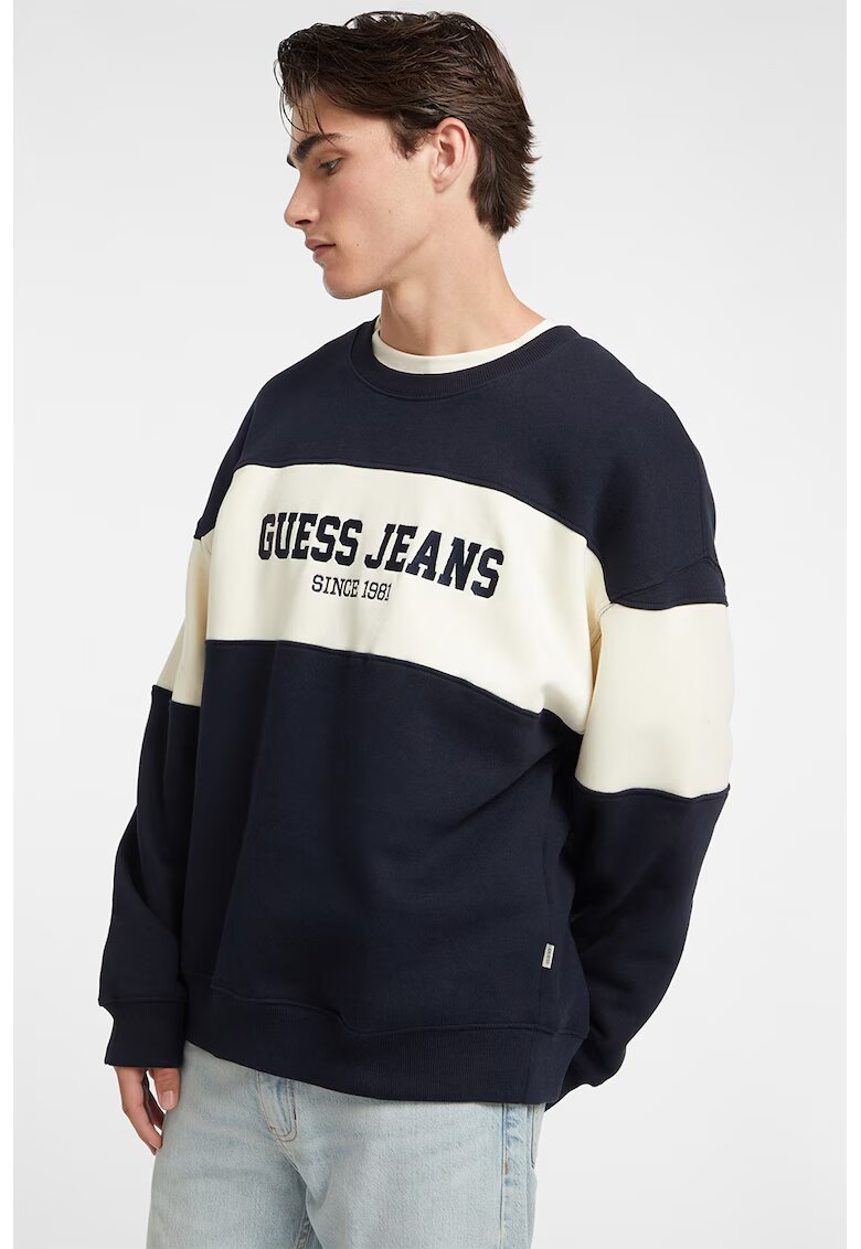 GUESS JEANS Уголемен суитшърт с овално деколте - Ултрамарин синьо/Мръснобял