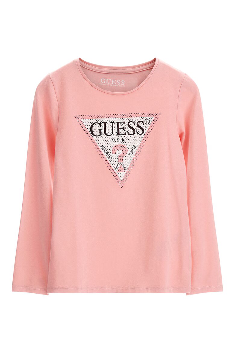 GUESS KIDS Блуза с декоративни камъни и лого Розова сьомга