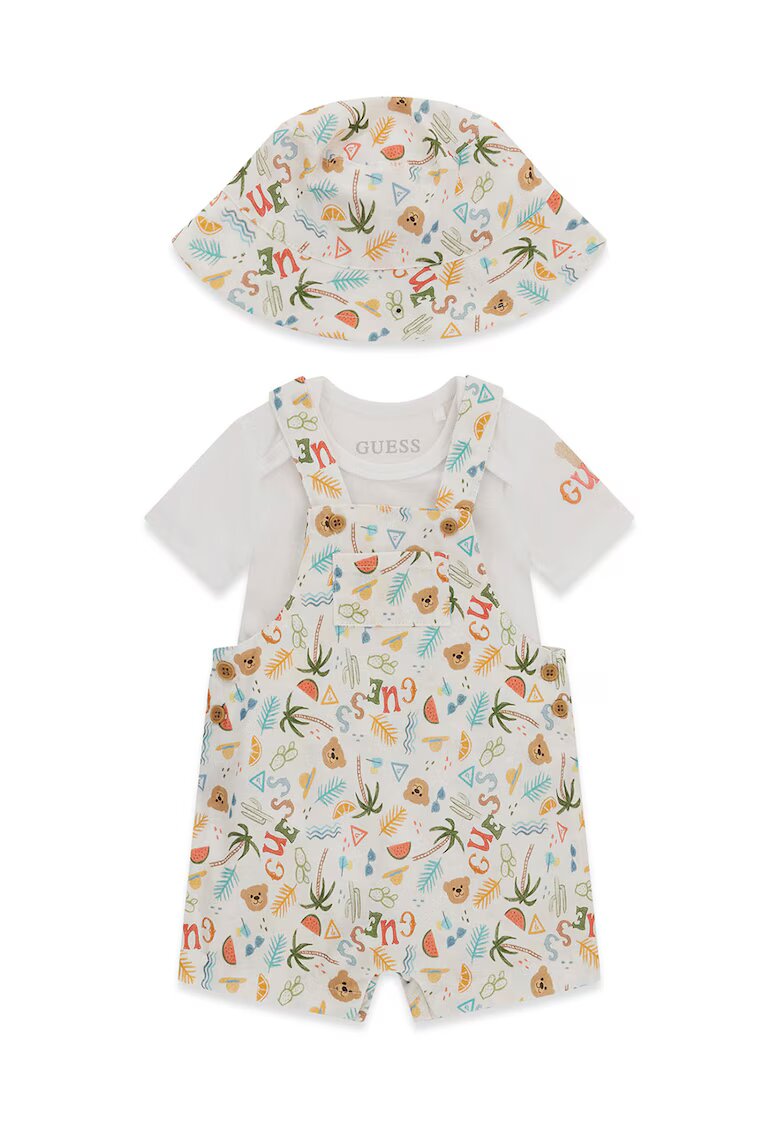 GUESS KIDS Къс гащеризон - боди и шапка - 3 части - Светлокафяв/Мръснобял