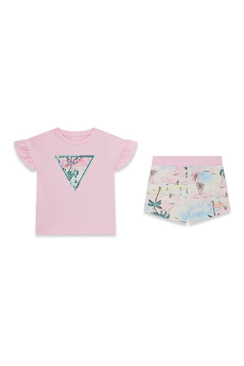 GUESS KIDS Къс панталон с тропически принт и тениска с набирания Пастелнорозов