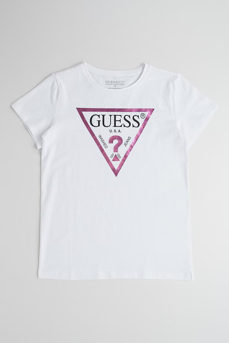 GUESS KIDS Памучна тениска с метализирано лого Бял/Розово