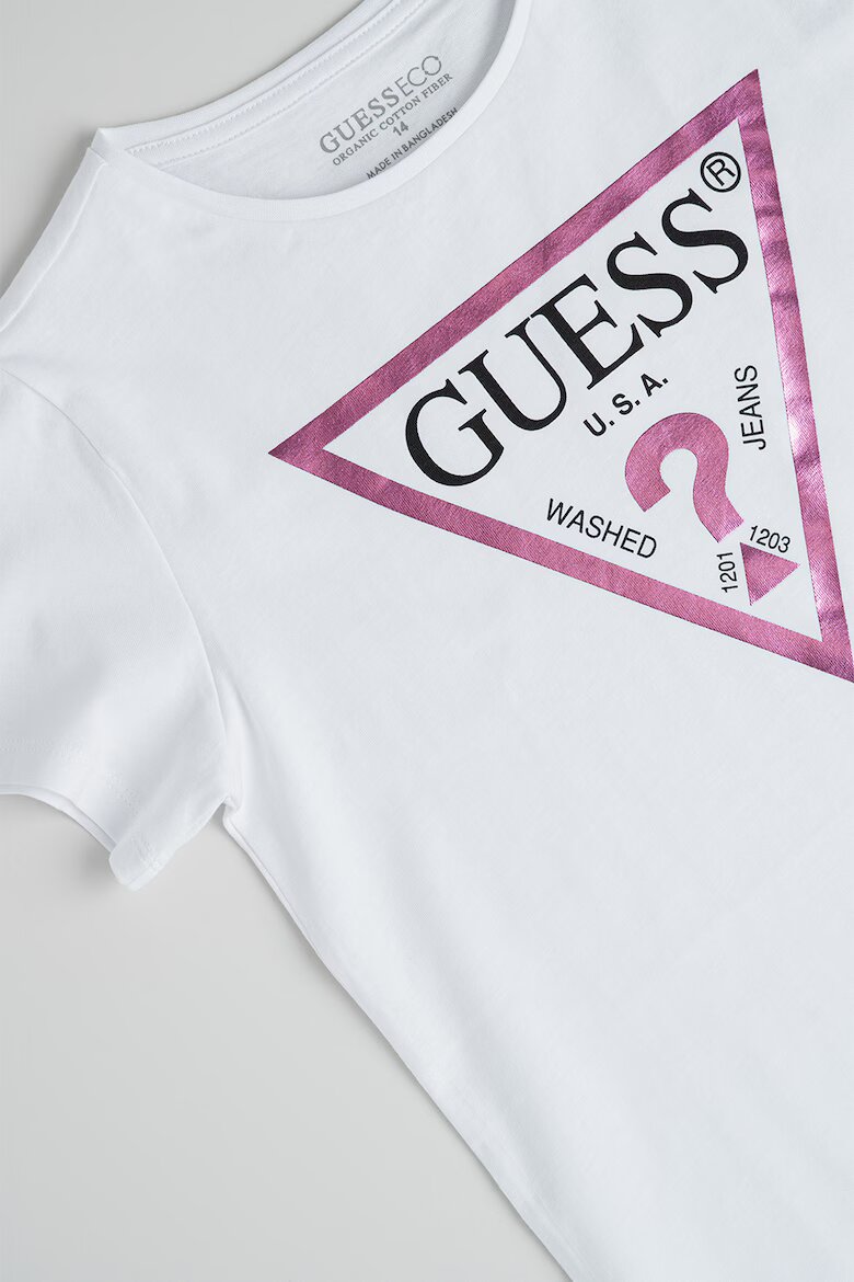 GUESS KIDS Памучна тениска с метализирано лого Бял/Розово