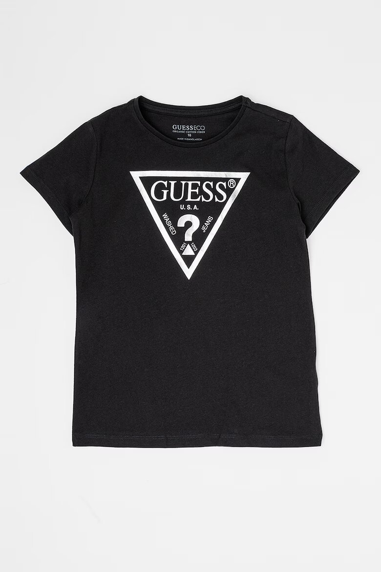 GUESS KIDS Памучна тениска с метализирано лого Черен/Сребрист