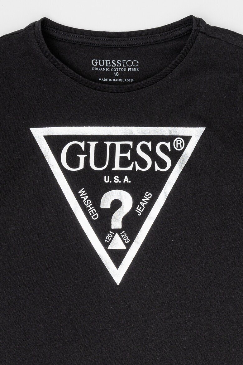 GUESS KIDS Памучна тениска с метализирано лого Черен/Сребрист