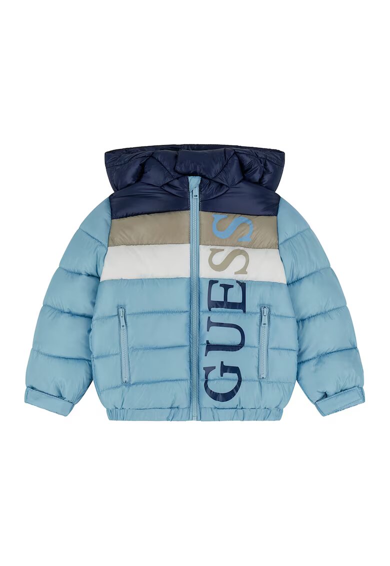 GUESS KIDS Подплатено зимно яке с качулка и лого - Тъмносин/Ледено синьо/Светло бежово
