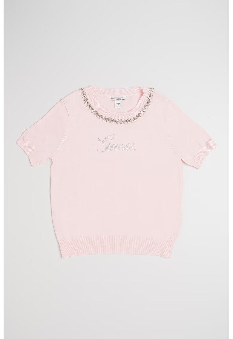 GUESS KIDS Пуловер с къси ръкави и лого с декоративни камъни - Бледо розово