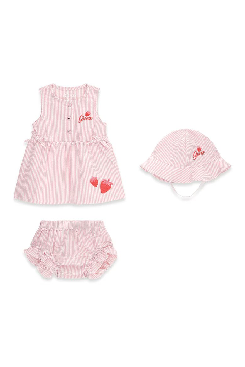 GUESS KIDS Раирана рокля гащички и шапка - 3 части Бял/Пастелнорозов