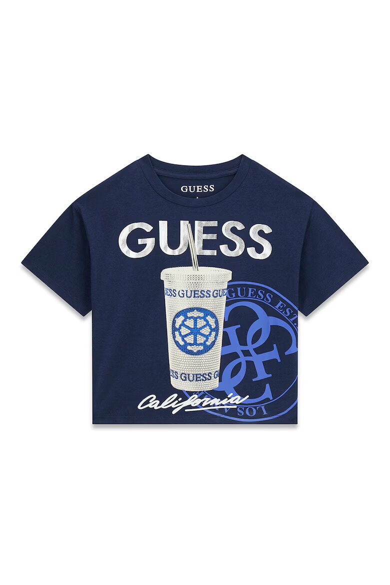 GUESS KIDS Тениска с декоративни камъни Бял/Тъмносин