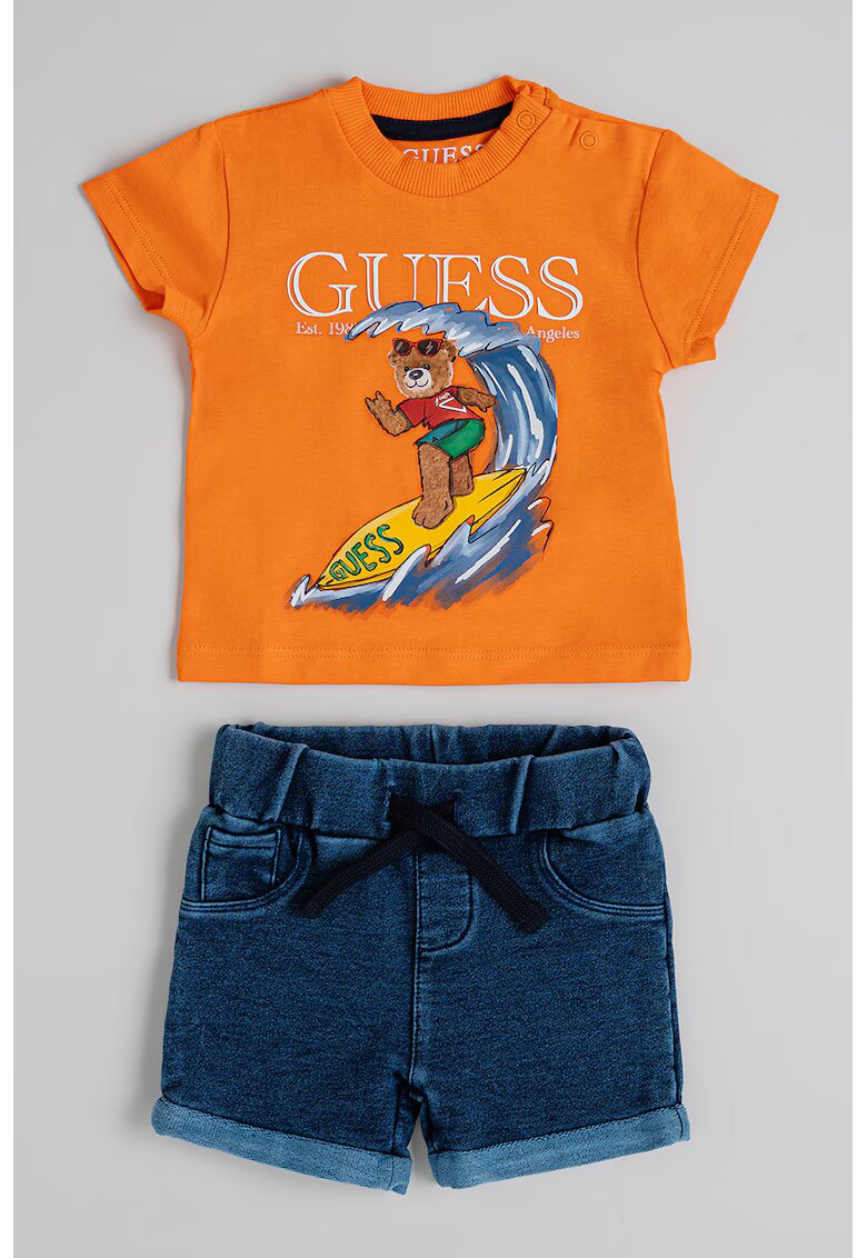 GUESS KIDS Тениска с графика и къси дънки - 2 части - Оранжев/Тъмносин