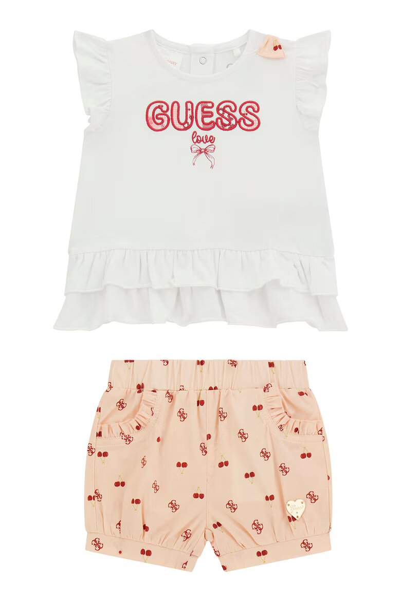 GUESS KIDS Тениска с лого и къс панталон - 2 части Праскова/Мръснобял