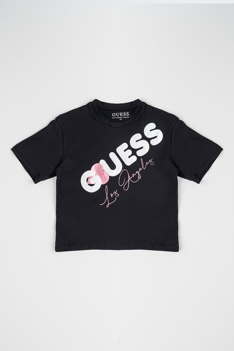 GUESS KIDS Тениска с лого и овално деколте Бял/Черен/Розово