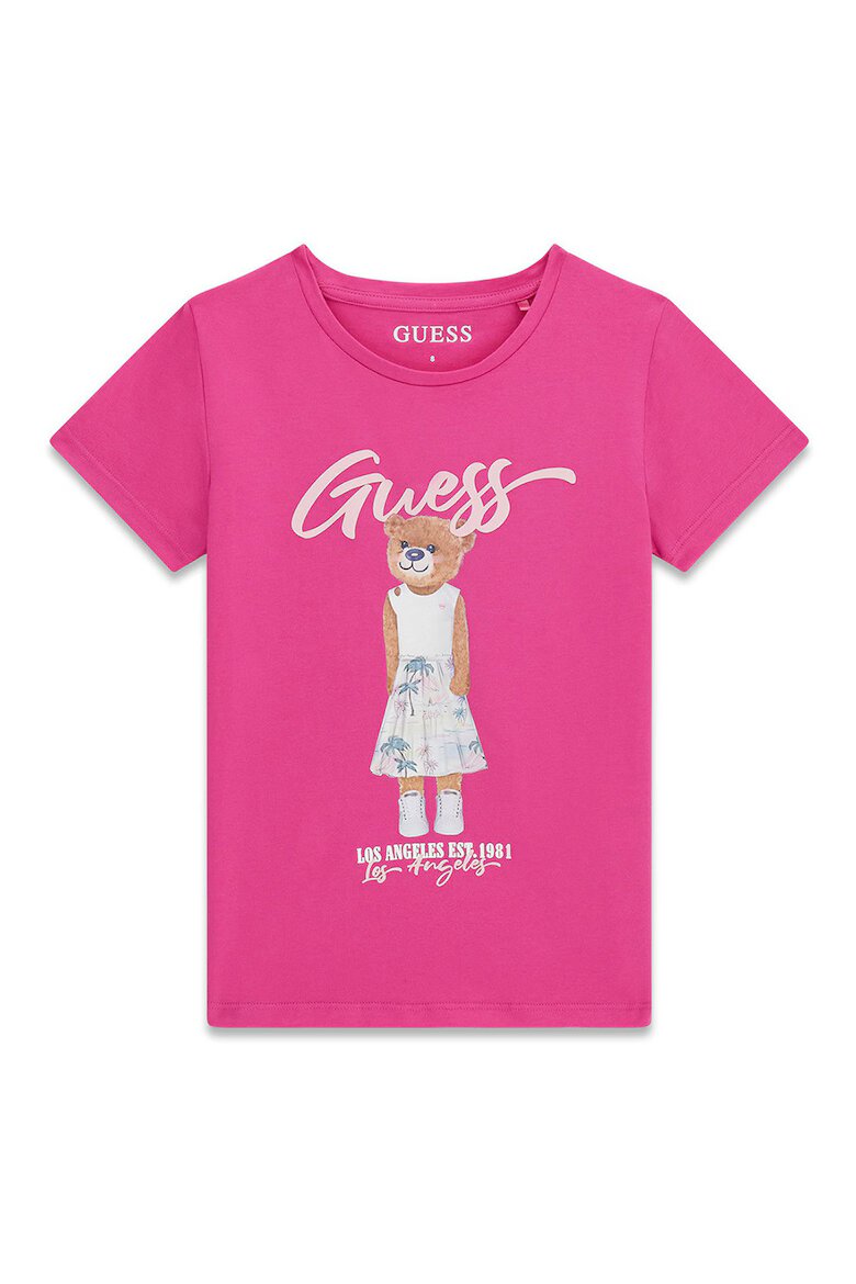 GUESS KIDS Тениска с лого и шарка на плюшено мече Бял/Фуксия