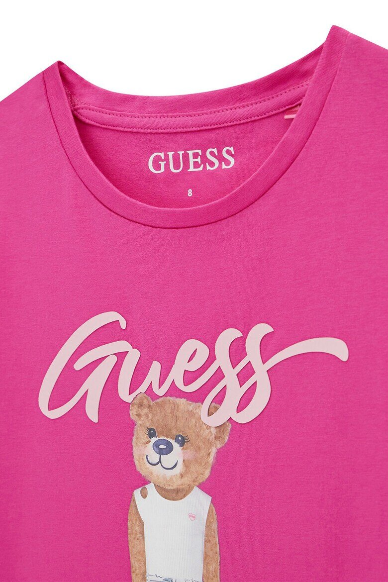 GUESS KIDS Тениска с лого и шарка на плюшено мече Бял/Фуксия